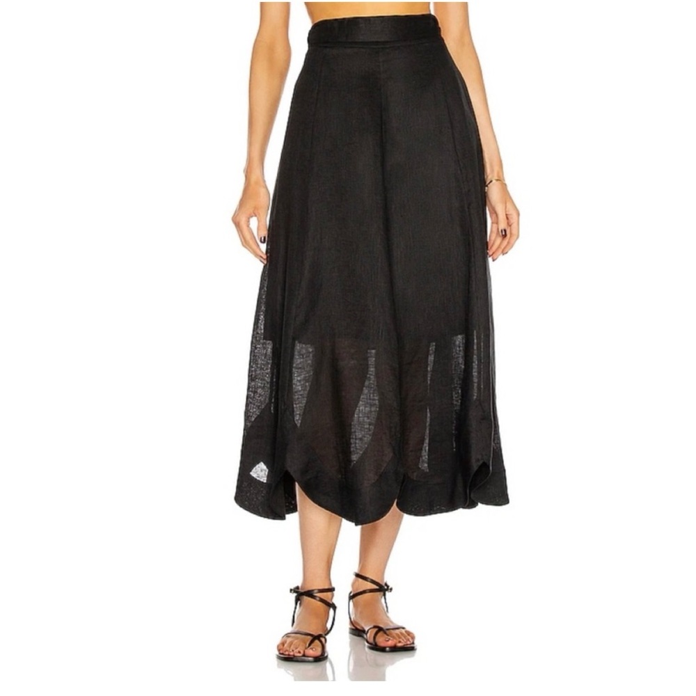 Zimmermann Riders Belted Scalloped Linen Midi Skirt - Black Size 2